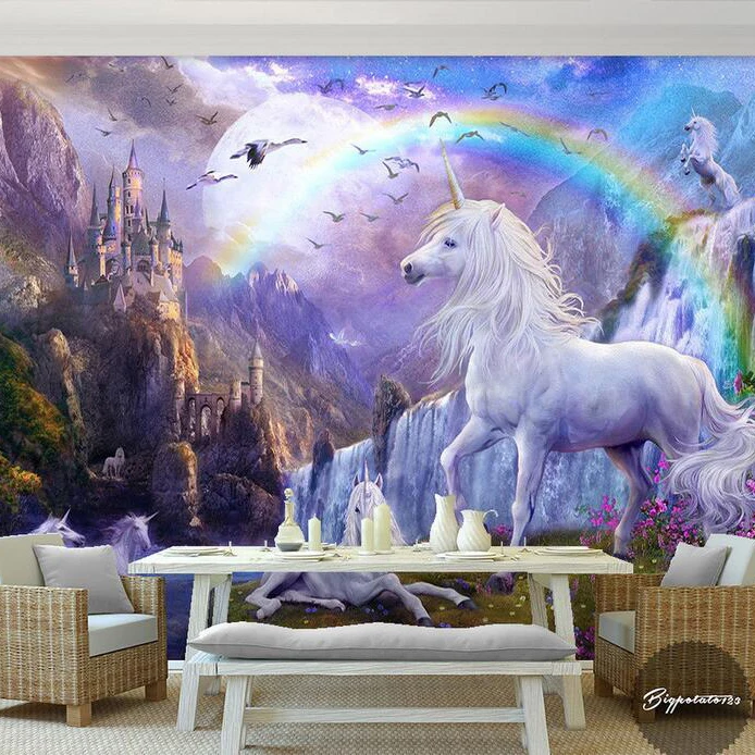 Настенные 3d обои с изображением большого замка радужной лошади животных