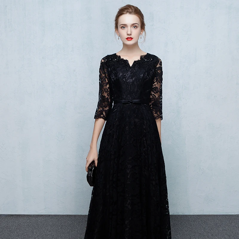 Черные длинные элегантные платья для выпускного вечера 2019 круглый вырез