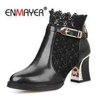 enmayer lace women ankle boots high heels boots for women zipper winter fashion strange heels metal buckle strap fretwork cr779