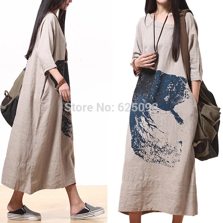 2014 Summer New Arrivals National Trend Plus Size One-piece Dress Loose Print Dresses Linen Short-sleeve Gowns | Женская одежда