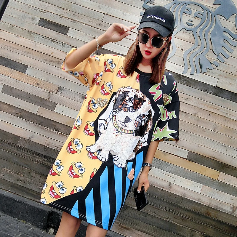 Новинка лета 2018 Брендовое платье с цифровым принтом граффити блестками длинная