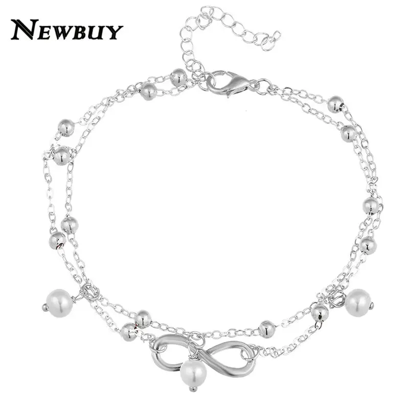 Посеребренный NEWBUY, модный двойной бесконечный кулон с искусственным жемчугом, ножной браслет, цепочка на ногу, летний браслет, шарм, 2 цвета, ножные браслеты, ювелирное изделие для ног, подарок - Окраска металла: Посеребренный