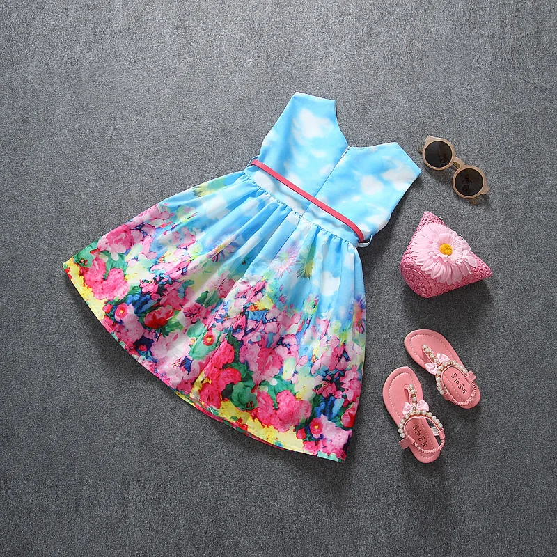 Бесплатная доставка Лето 2017 г. детей Цветочное платье без рукавов полный травы