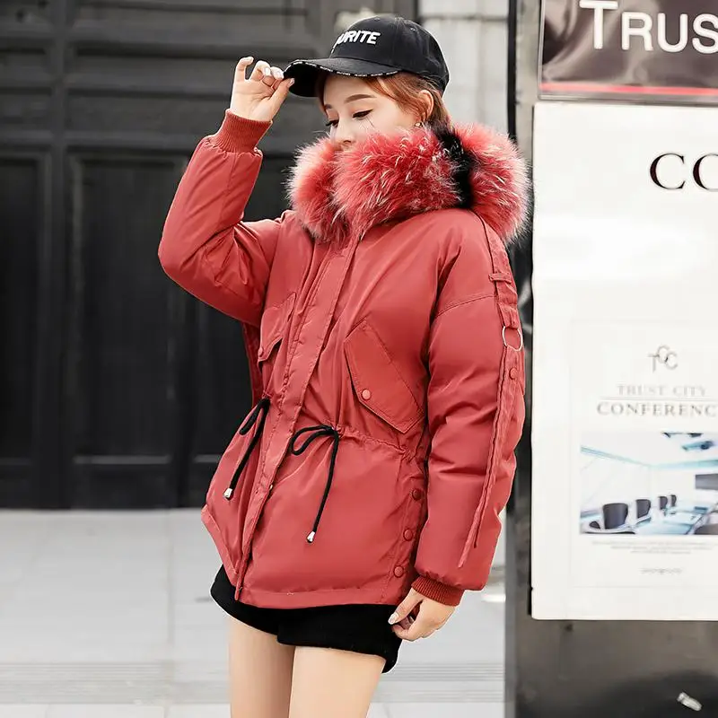 Fitaylor Women Short Winter Cotton Parkas Hooded Warm Loose Jacket Coat Large Fur Collar Cotton Padded Jacket Casual Outerwear - Цвет: Coral Red