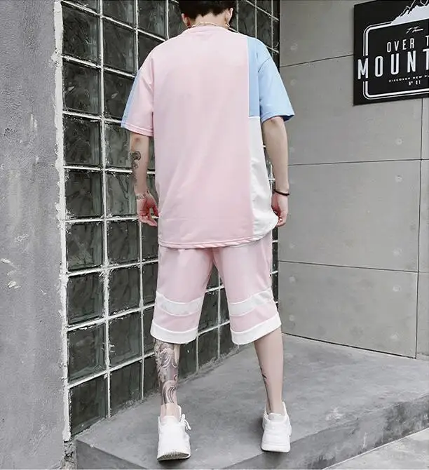 Rlyaeiz High Quality 2019 Summer Men Tracksuit Sets Casual Color Patchwork Letter Printed T shirts + Shorts Male Sporting Wear | Мужская