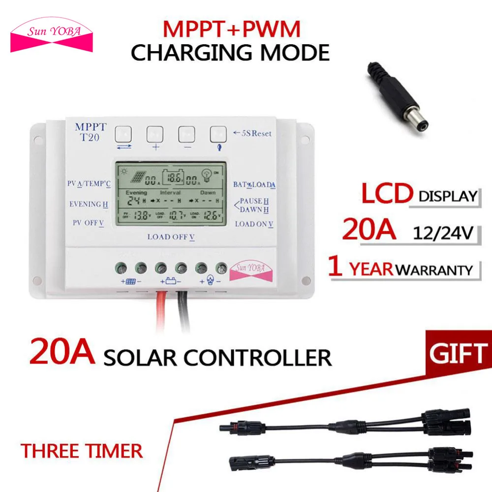 MPPT 20A ЖК контроллер солнечного заряда панели батареи Регулятор Три таймера 12В/24В +