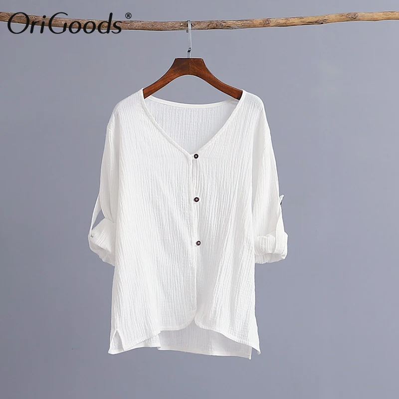 Женская хлопковая блузка с V образным вырезом и длинным рукавом|Блузки| |