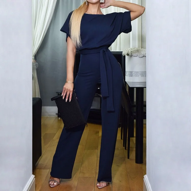 Dark Blue VIEUNSTA OL Стиль элегантные Для женщин комбинезон с круглым вырезом; короткий рукав; детский летний комбинезон Женский Уличная комбинезоны в виде галстука-бабочки и повседневные штаны - Цвет: Dark Blue