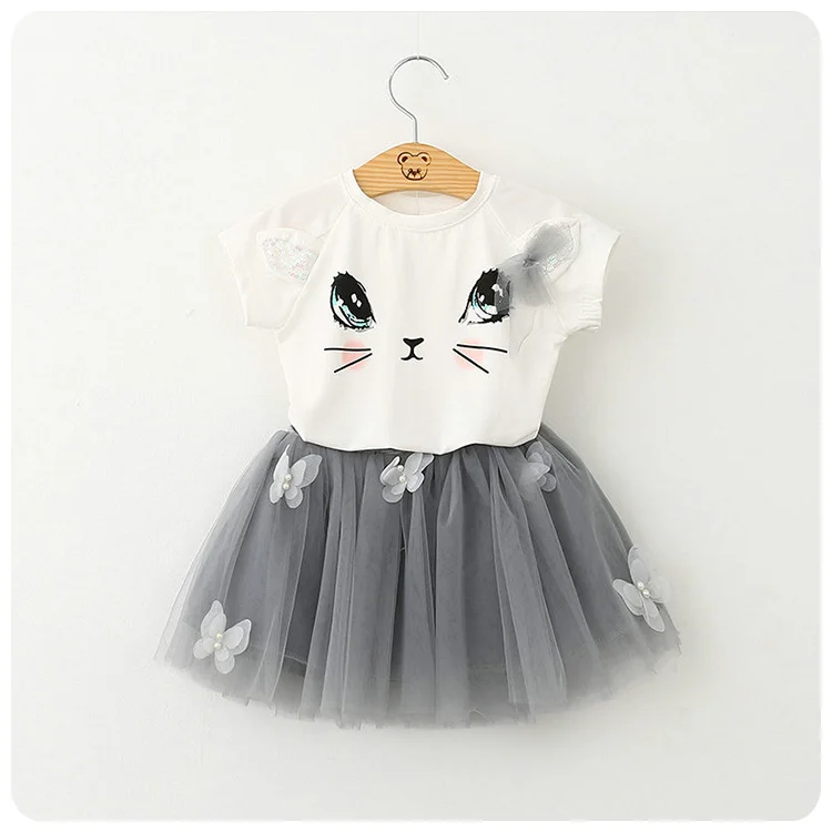 Summer New Pattern Korean Girl Children's Garment Cartoon Kitty T-Shirt Sweater Yarn Nail Pearl Short Skirt Girl 2 Pieces Suit