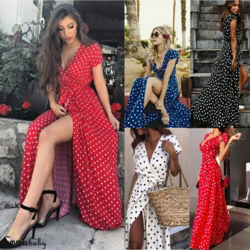 Женское длинное платье в горошек с коротким рукавом v образным вырезом вечерние