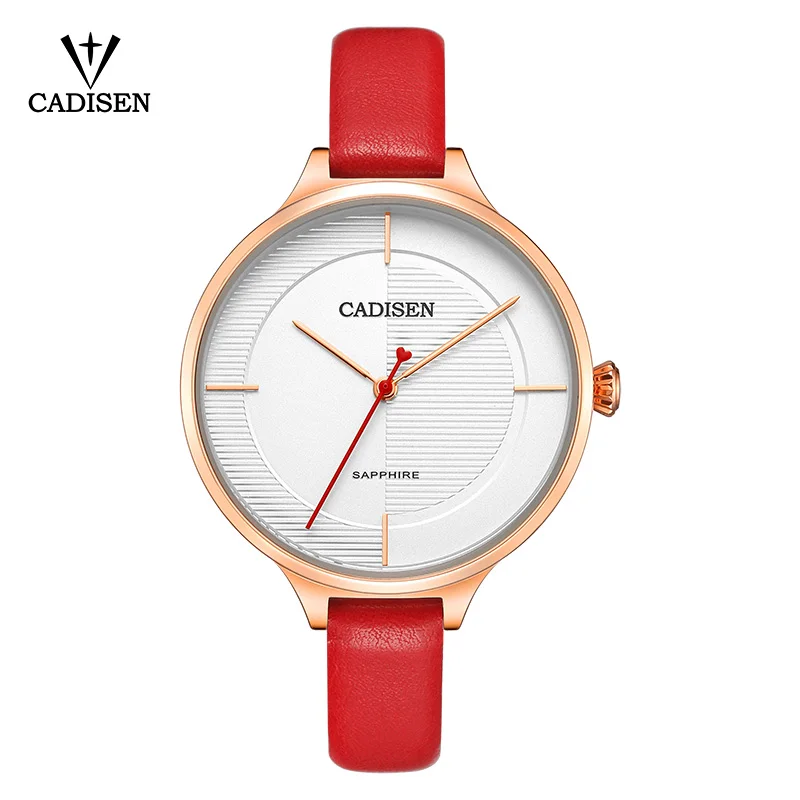 Red Strap CADISEN модные ультра-тонкие женские часы Топ бренд класса люкс водонепроницаемые кварцевые женские часы с кожаным ремешком Montre Femme - Цвет: Red Strap