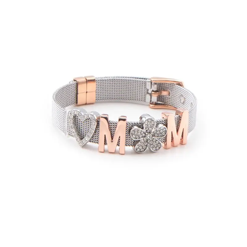 Vinnie Design Jewelry Mother's Day Gift New Arrival Stainless Steel Love MOM Mesh Charm Bracelet Set with 4pcs Slide Charms Bead |
