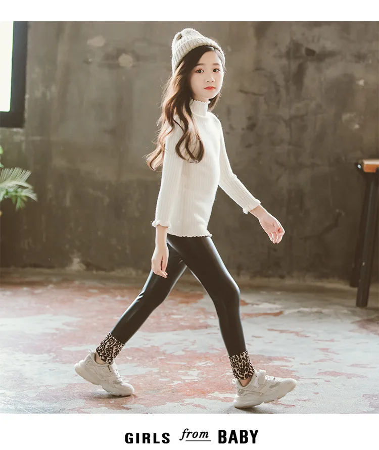 black faux leather leopard girls winter warm leggings 14 years old teenage fashion clothing children pants