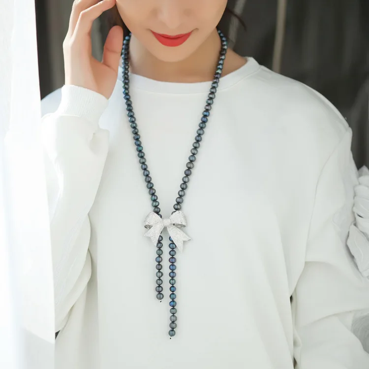 Черное жемчужное ожерелье крашеное черное из натурального жемчуга серебро 925