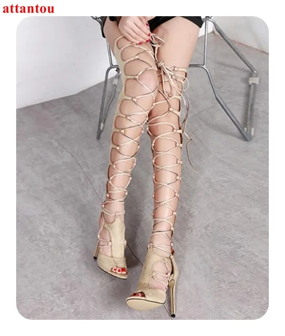 

New Fashion Cut Outs Cross-tied Woman's long sandal boots suede leather summer women shoes thin heel peep toe female party shoes