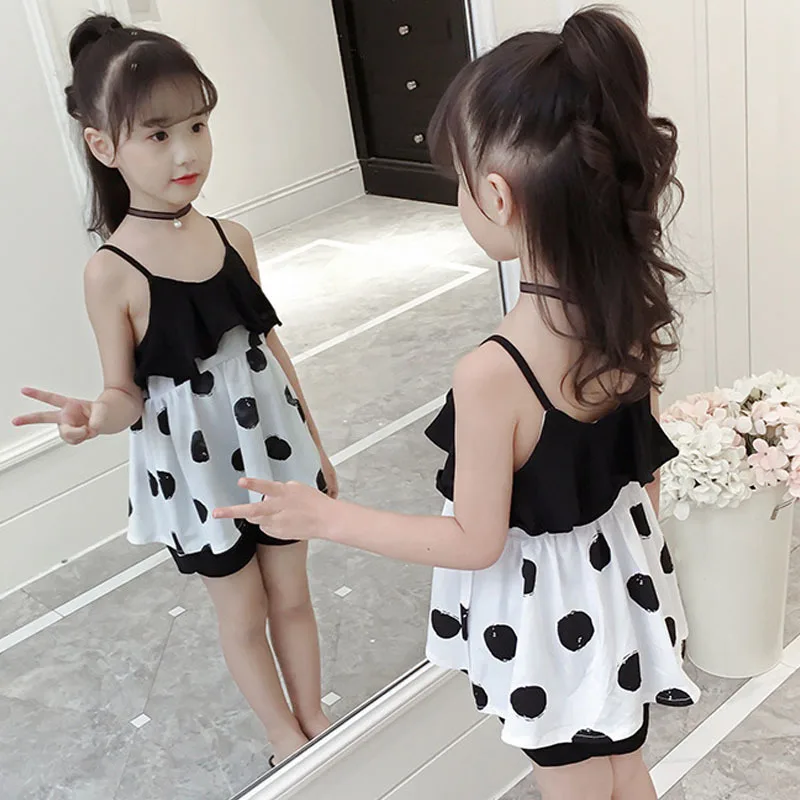 Комплекты одежды в горошек для девочек-подростков жилет с оборками топы шорты