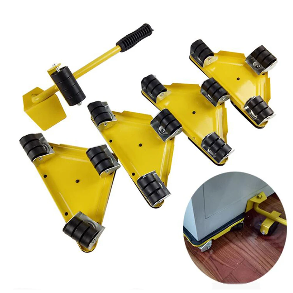 Home Portable Furniture Mover Heavy Object Lifter Triangle Iron Hand Tool Set 4 Wheeled Mover Roller&1 Wheel Bar