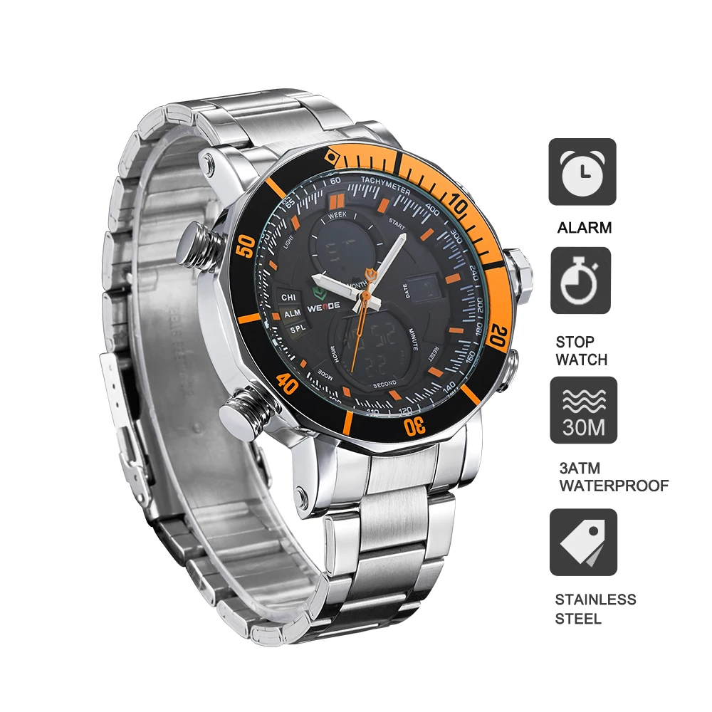 WEIDE Relojes HOMBRE мужские часы люксовый бренд Будильник нержавеющей стали Спорт Дата Цифровой светодиодный браслеты 21 мм водонепроницаемые часы