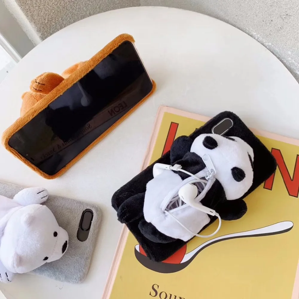 Для IPhone милый пушистый мех кролика теплый плюшевый мех 3D Белый медведь и панда игрушка кукла Новинка портмоне на молнии мягкий чехол из ТПУ