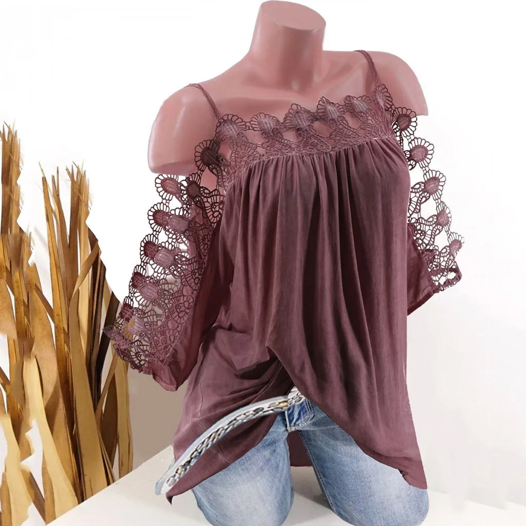 Женская кружевная блузка с коротким рукавом и открытыми плечами летний топ на