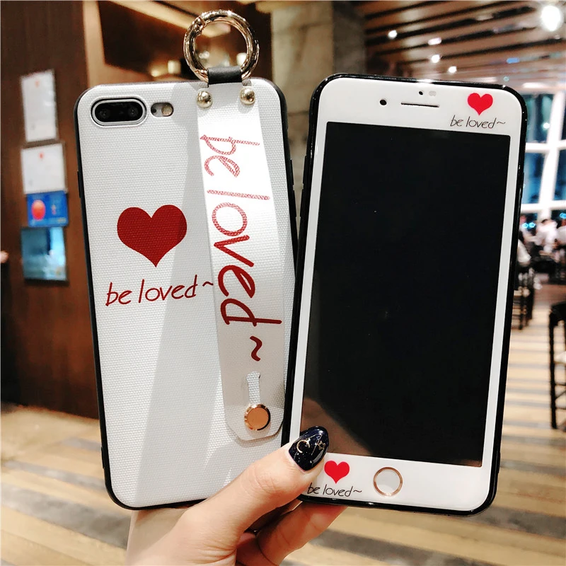 For iPhone X Pink Lovely case + Tempered Glass Screen film 6 6S 6Splus 7 7plus 8 8Plus Cute peach back Cover |