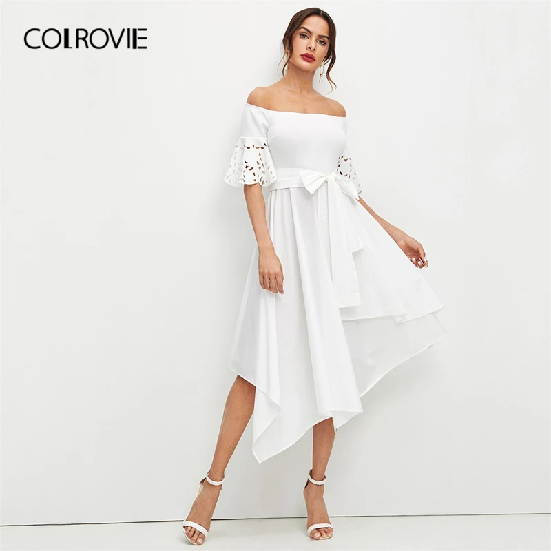 COLROVIE, белое элегантное платье с открытыми плечами, с лазерным вырезом, с рукавами, носовой платок, женское летнее платье, ТРАПЕЦИЕВИДНОЕ ПЛАТЬЕ, платья для офиса, женские платья