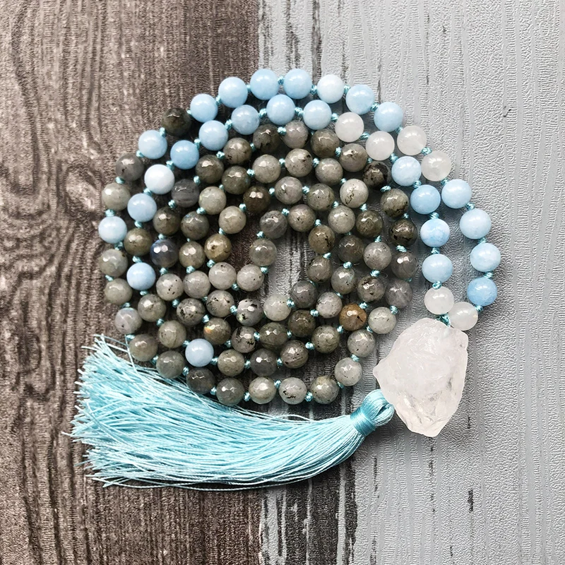 108 Mala Beads ювелирное изделие с узлом ожерелье необработанным кварцем Лабрадорит