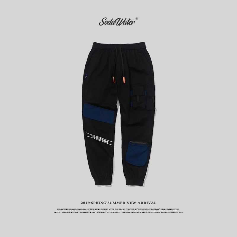 SODA WATER 2019 text printed cargo pants street men's waist elastic strength jogging 94181SS|Брюки-карго| |