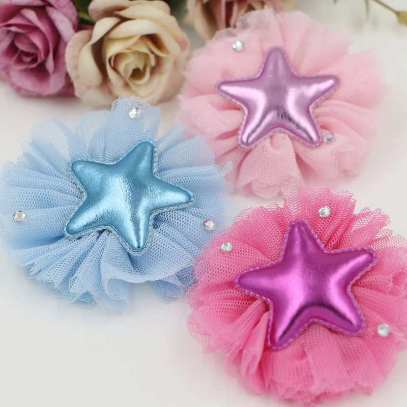 

New Arrival PU Stars Button Patch Decorated Lace Chiffon Flowers with Flatback Fit for Toddler Girls Hair Jewelry Headband DIY