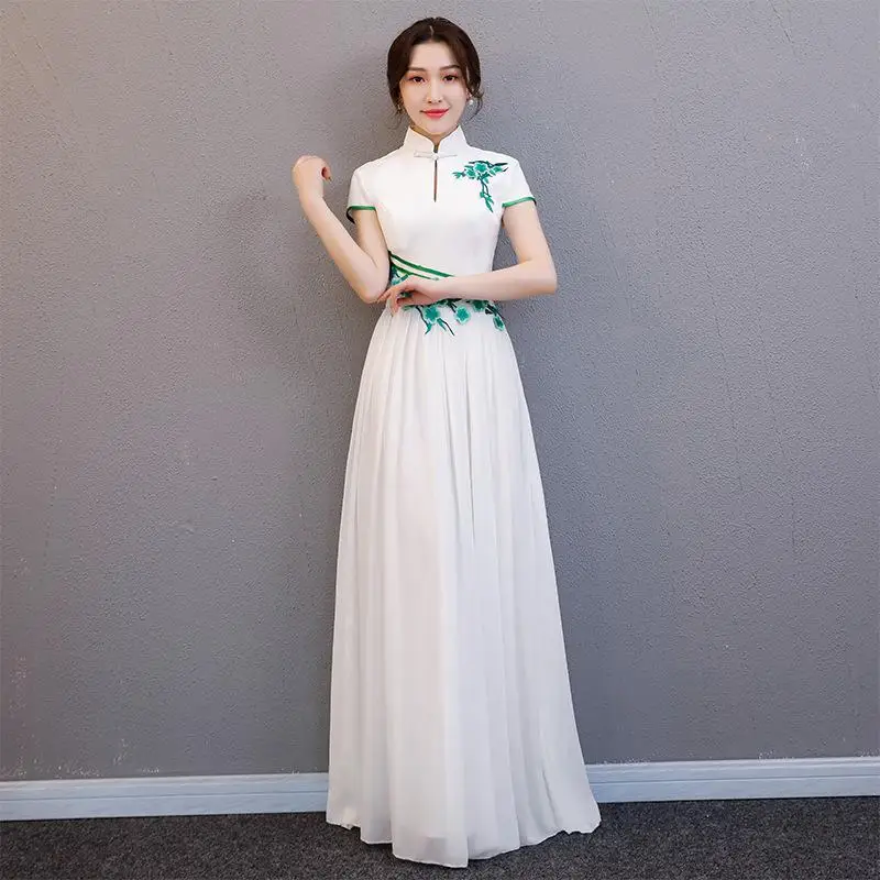 Большой Размеры 3XL 4XL белые женские Винтаж Cheongsam элегантный цветочный принт китайский воротник-стойка платье короткий рукав тонкий Qipao - Цвет: Белый