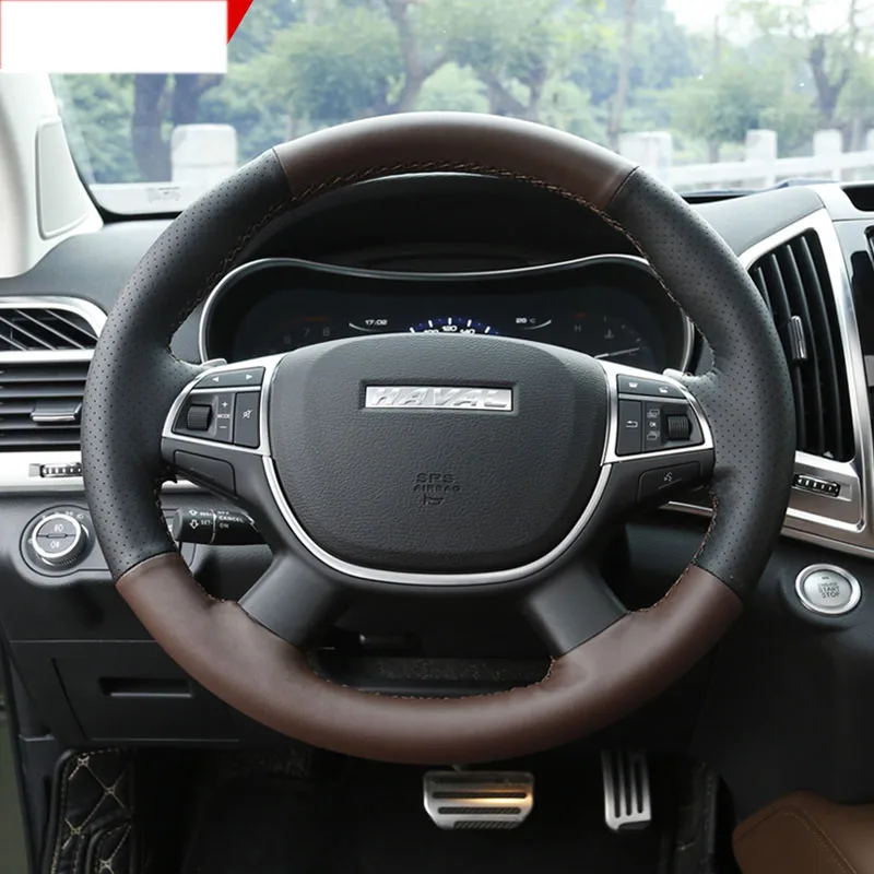 black brown Lsrtw2017 Хомут кожаный чехол рулевого колеса автомобиля для Защитные чехлы для сидений, сшитые специально для great wall haval H9 - Название цвета: black brown