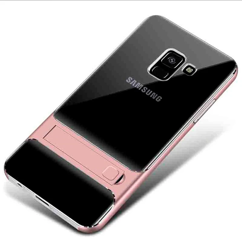Гибридный ПК-бампер чехол для samsung S8 S9 A8 A6 плюс J4 J6 J7 J8 ударопрочный чехол для телефона Подставка держатель чехол s защитной оболочки - Цвет: Clear Rose Gold