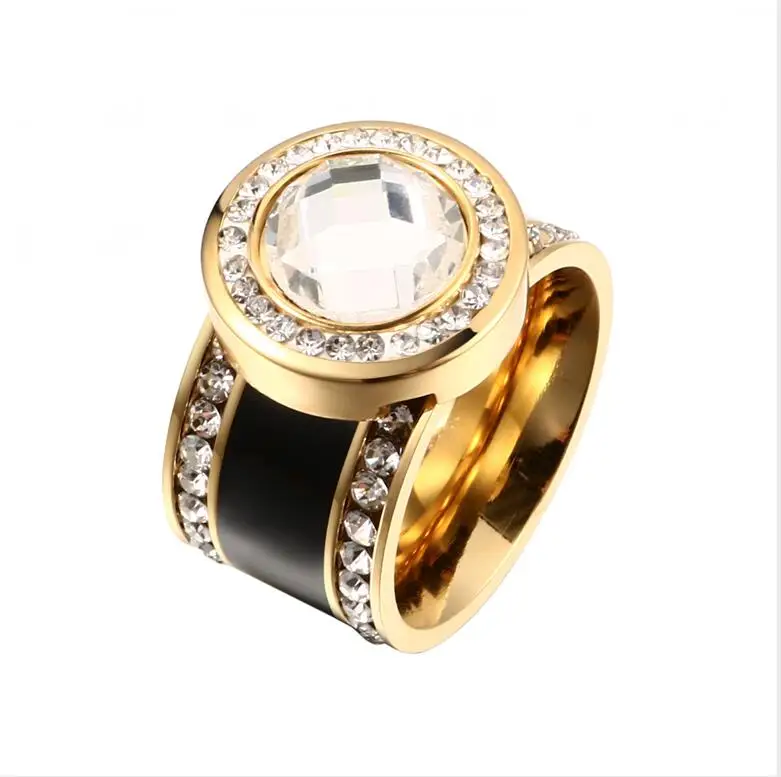 gold color Модные женские кольца с кристаллами, обручальные кольца черного цвета, кольца из нержавеющей стали, розовое золото, CZ свадебные кольца для женщин, ювелирные изделия - Цвет основного камня: gold color