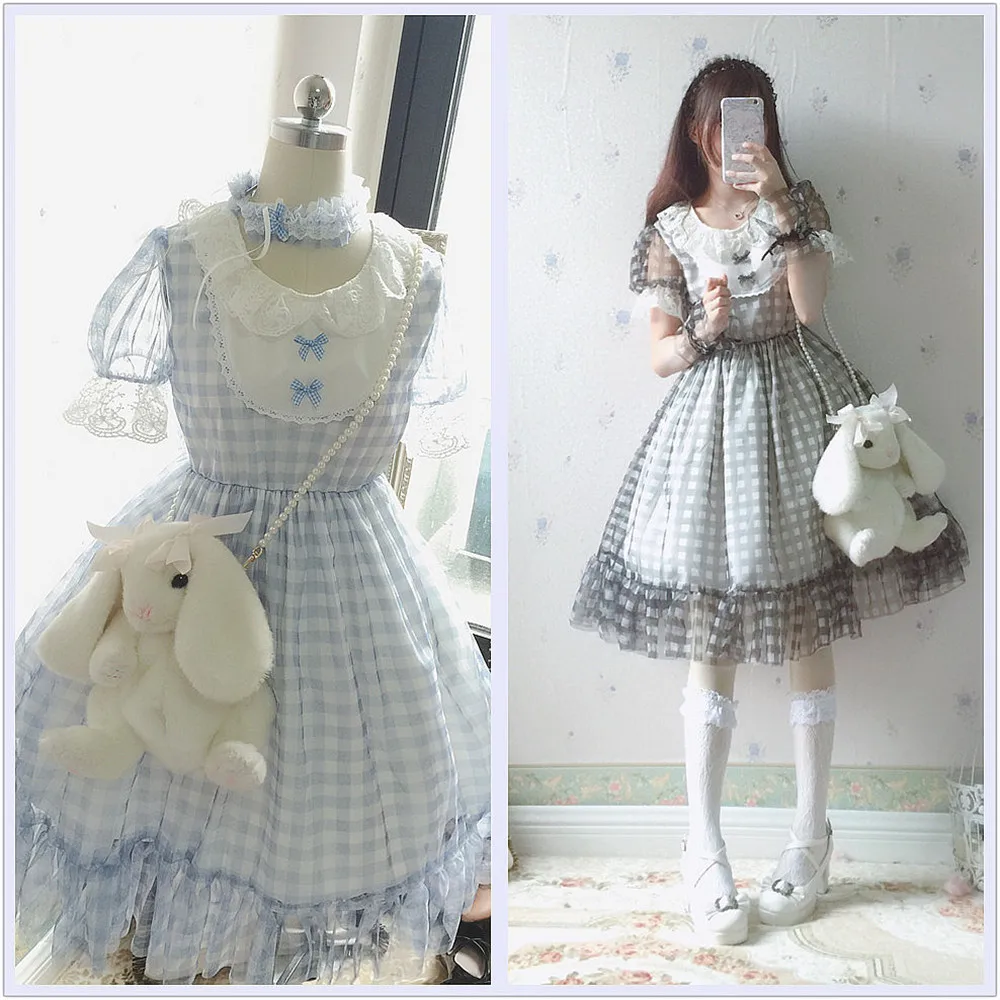 

Summer Cool Lolita Mori Girl Fresh Plaid Dream Mesh Short Sleeve Dress Japanese Sweet Harajuku Style Student Dress