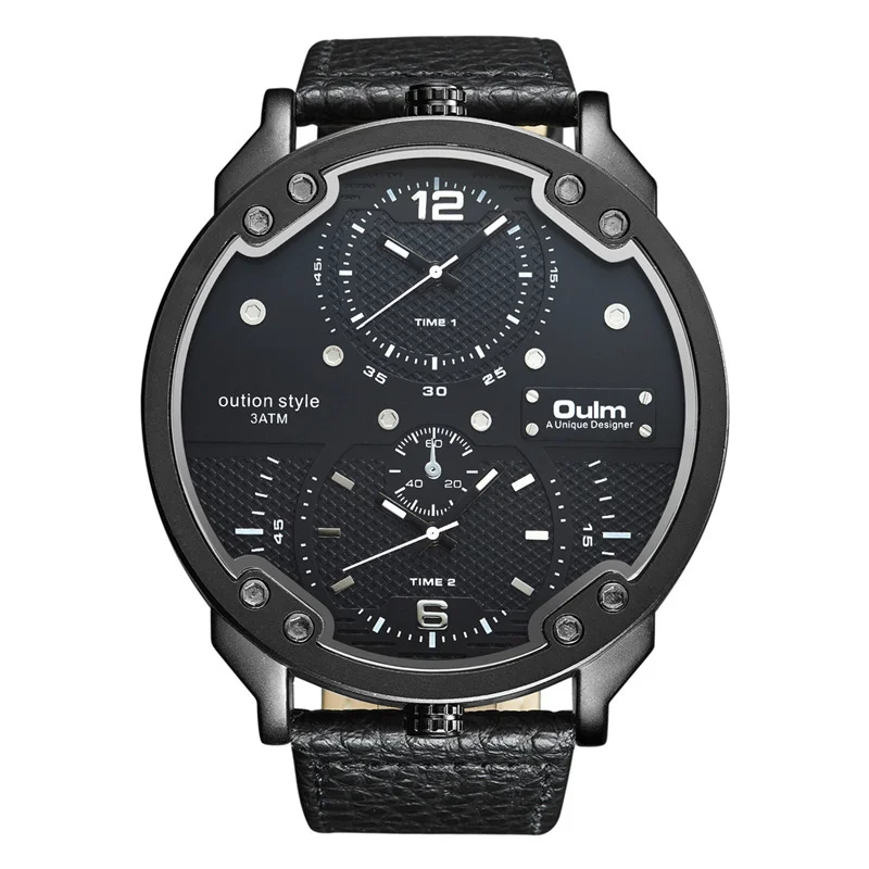 Leather Black Oulm Роскошные брендовые большие мужские часы с двумя часовыми поясами мужские повседневные спортивные часы с большим циферблатом кожаные мужские наручные часы reloj hombre - Цвет: Leather Black