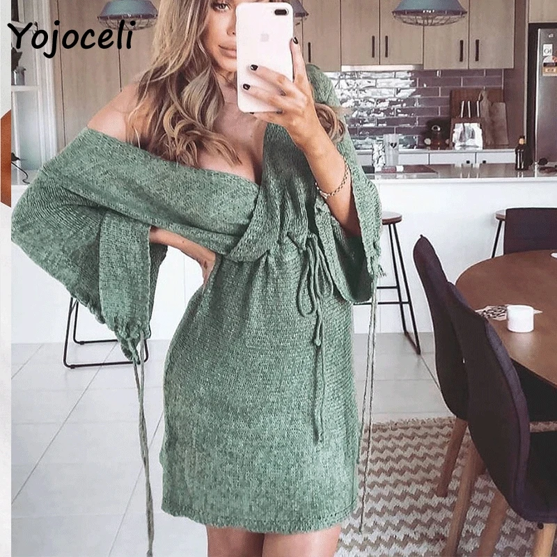 Yojoceli 2019 v шеи трикотажное платье женское с расклешенными рукавами Повседневное