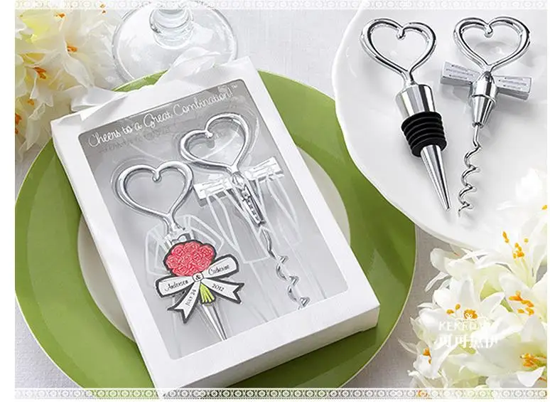 

100pcs(50sets)/lot Heart Shape combination Couple wine bottle opener corkscrew and Stopper Set Wedding Souvenirs for guest