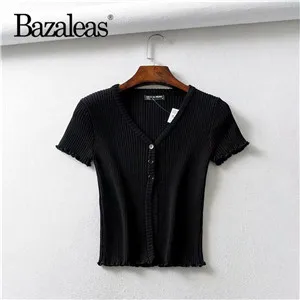 T31 black 1169 Bazaleas панк обрезанная футболка женская мода оранжевый вязаный кроп Топ кнопки в стиле ретро Женская Футболка harajuku Tee Прямая - Цвет: T31 black 1169