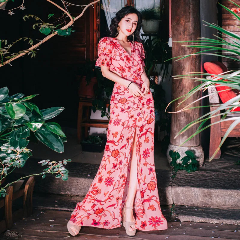 Женское платье макси с вырезом на спине облегающее Цветочное v образным и пышными