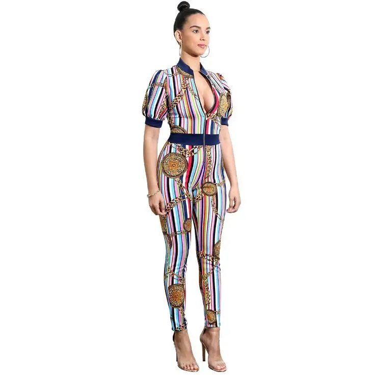 Autumn rompers womens jumpsuit Elegant One Piece Sexy golden chain print color striped Short-sleeved threshold zipper | Женская одежда