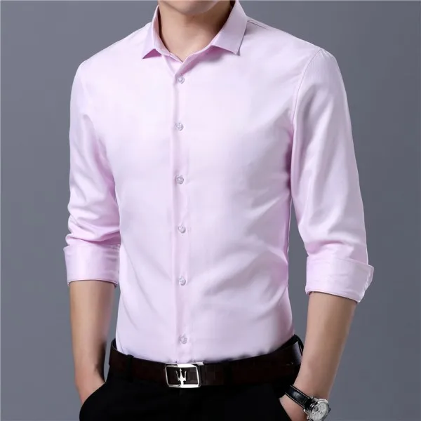 Розовый solid men dress shirts long sleeve casual slim fit white formal social shirt male brand clothing prom wedding camisas hombre - Цвет: Розовый
