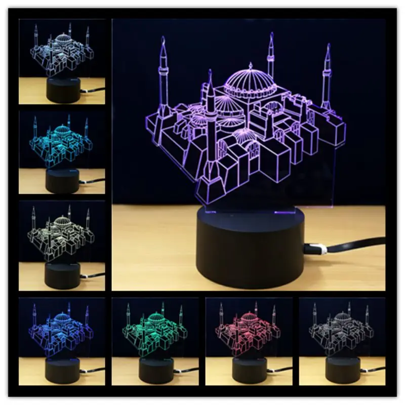 3D здание мечети настольная лампа красочный градиент светодио дный светодиодный