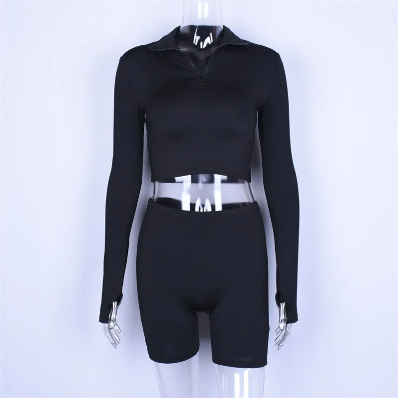 

2020 Autumn Black Sexy Long Sleeve Women Sportswear Elastic Long Sleeve Crop Tops Skinny Shorts Two Piece Set Tracksuit Jumpsuit