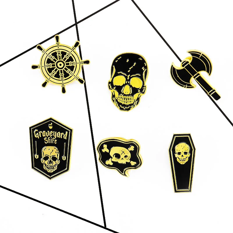 Пиратский эмалированный штифт скелет пиратский Морской Компас Ax Skull иконы броши