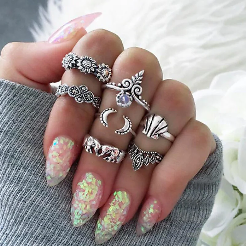 Elephant Rings Antique Gold Silver Color Crystal Midi Knuckle Finger Ring Set Women Hollow Flower Crown Moon Sun Jewelry 7 pcs | Украшения