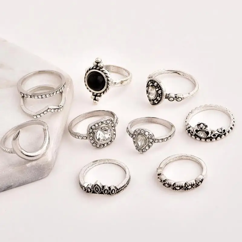 10pcs/set Vintage Antique Ring Set For Women Finger Heart Crystal Of Midi Boho Jewelry Gift Knuckle Rings | Украшения и