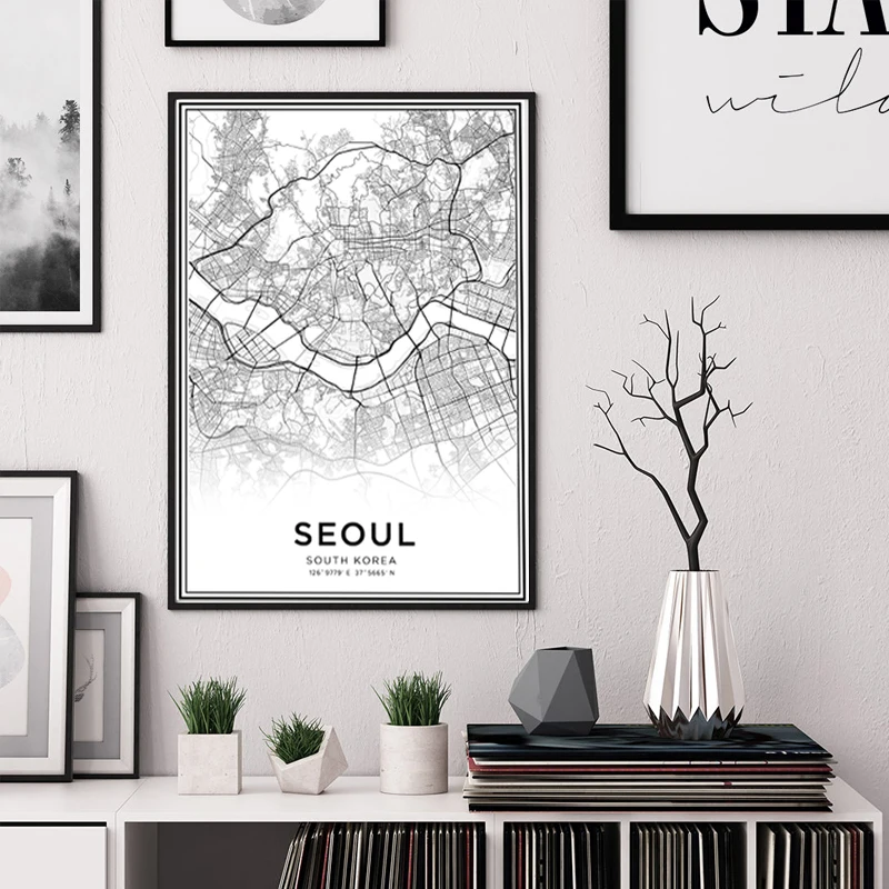 

Latitude Longitude Seoul City Map Prints South Korea Travel Wall Art Canvas Paintings Black and White Poster Pictures Home Decor