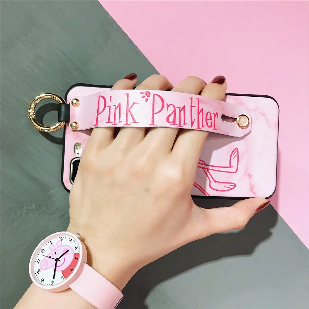 Fashion Pink Panther Ring Phone Case For iPhone X XS MAX XR 6s 7 8 Plus Girl Cute Naughty Leopard Wrist Strap Handbag |