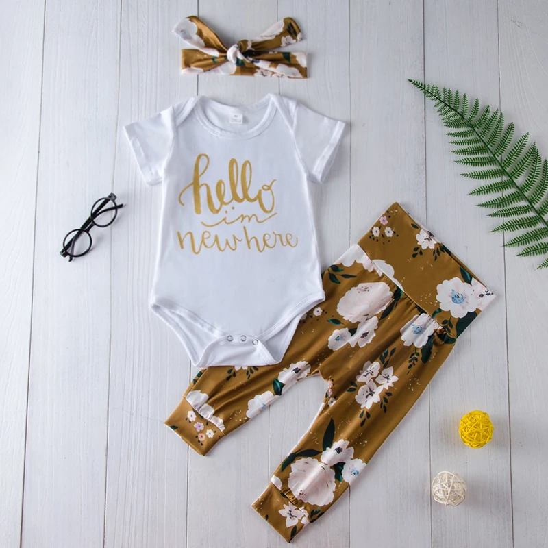 

Infant Kid Baby Girl Clothing Sets White Little Romper Top+Floral Brown Pants 3pcs Bebe Casual Kids Clothes Sets