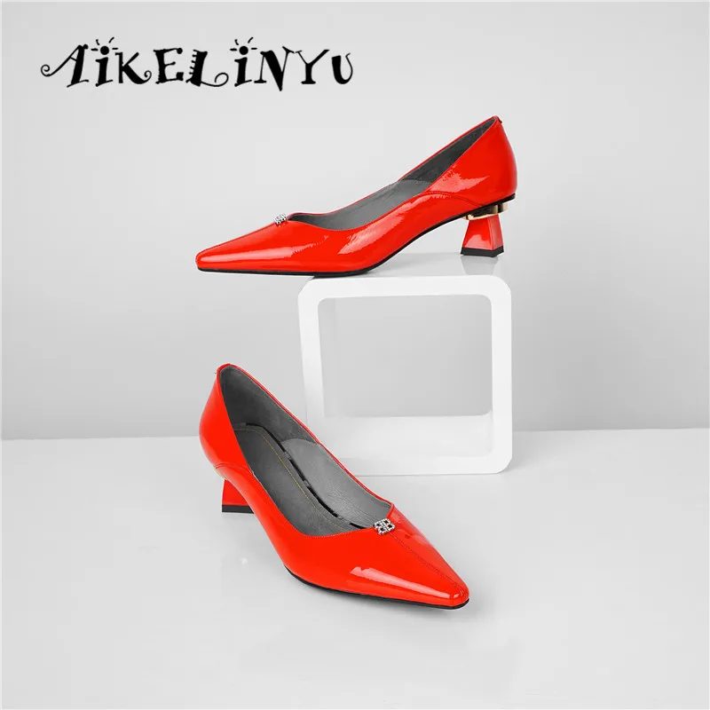AIKELINYU/весенние туфли-лодочки; туфли из натуральной кожи на квадратном каблуке с острым носком; элегантные офисные женские туфли-лодочки с крахмальным корнем лотоса; женская обувь для вечеринок